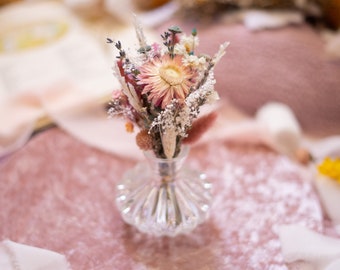 Sugarpie Micro Bouquet AND Vase - Tiny Valentine's Decor Romantic Pastel Wildflower Flowers in Clear Iridescent Vase Pink Purple Cream