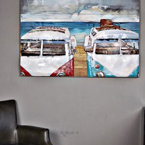 Bulli car picture 2-car team in metal and wood 80 x 100 cm