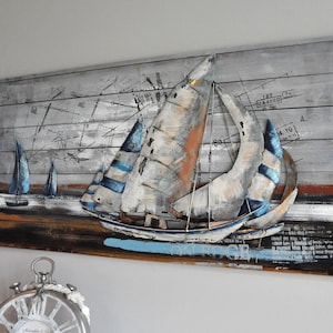 XXL 3D picture mural sailing boats made of wood metal living room 60 x 120 cm handmade