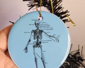 Ceramic Blue Skeleton Anatomy Ornament for Christmas, Creepmas, or Halloween, Mortician, Nurse Practitioners, or Nurse Ornament Gift