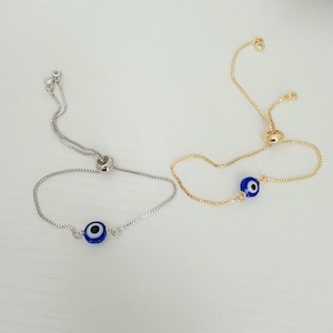 Blue Evil Eye Bracelet: 18k Gold Plated Adjustable Chain