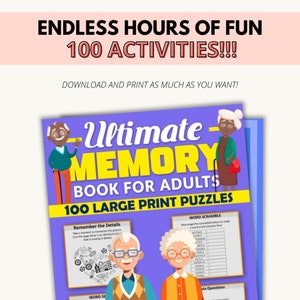 Op de afbeelding: Een paarse en gele boekomslag met de titel "Ultimate Memory Book for Adults" en de ondertitel "100 Large Print Puzzles". De omslag toont illustraties van twee oudere volwassenen.