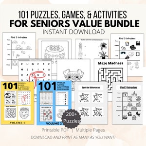 May include: A printable PDF bundle of 101 puzzles, games, and activities for seniors. The cover features a black and white illustration of a dog wearing glasses. The bundle includes two volumes, each with over 200 puzzles. The text "101 Puzzles, Games, & Activities for Seniors Value Bundle" is displayed in large, bold letters at the top of the image.