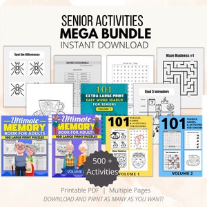 May include: A digital download bundle of 101 printable activity pages for seniors. The bundle includes word searches, memory games, puzzles, and mazes. The cover image features a colourful illustration of a senior couple and the text "Ultimate Memory Book for Adults 100 Large Print Puzzles".