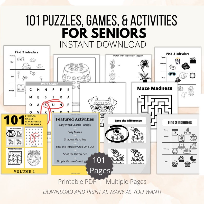 101 Puzzles Activities for Seniors Large Print, Fun, Easy Activities, for those with Alzheimers, Dementia, Parkinsons, Memory Loss, Aging image 1