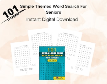 May include: A collection of word search puzzles for seniors. The cover reads "101 Extra Large Print Easy Word Search For Seniors Volume 1." The puzzles are themed, with examples including dogs, cats, mushrooms, and insects. The text "Simple Themed Word Search For Seniors Instant Digital Download" is also visible.