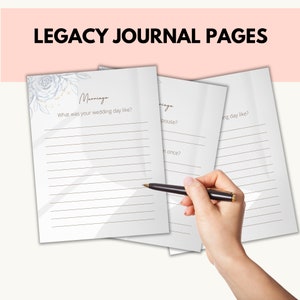 May include: Three printable journal pages with a watercolor floral design and lined spaces for writing. The pages are titled "Marriage" and include prompts such as "What was your wedding day like?" and "What was your first date like?"