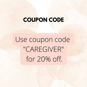 May include: A pink and white watercolor background with the text "COUPON CODE" in black. A pink rectangle with rounded corners contains the text "Use coupon code "CAREIVER" for 20% off."