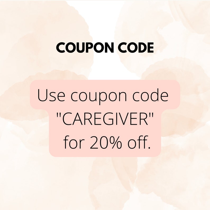 May include: A pink and white watercolor background with the text "COUPON CODE" in black. A pink rectangle with rounded corners contains the text "Use coupon code "CAREIVER" for 20% off."