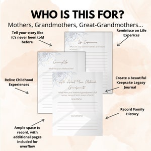 May include: A printable journal with a floral design and the text "Who is this for? Mothers, Grandmothers, Great-Grandmothers..."  The journal is designed to help people record their life experiences, childhood memories, and family history.