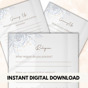 May include: A printable digital download of a questionnaire with the title "Growing Up" and "Religion". The questionnaire asks questions about childhood memories and religious practices. The background features a watercolor design of blue roses and gold accents.