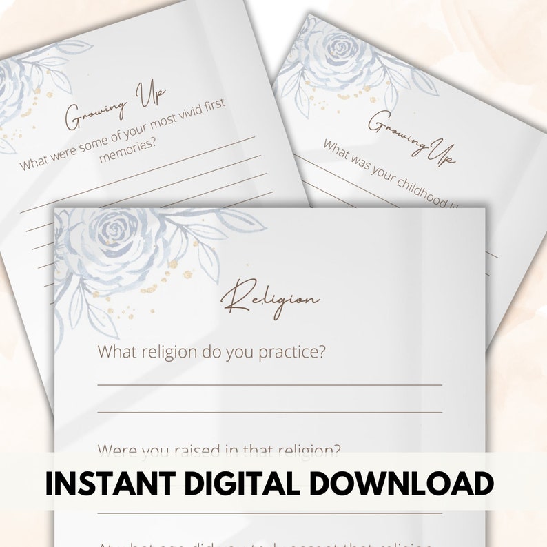May include: A printable digital download of a questionnaire with the title "Growing Up" and "Religion". The questionnaire asks questions about childhood memories and religious practices. The background features a watercolor design of blue roses and gold accents.