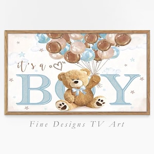 C'est un art numérique garçon pour Samsung cadre TV art mural ours en peluche chambre d'enfant, faire-part bébé garçon, ballon bleu à imprimer, cadeau de baby shower