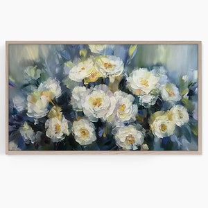Samsung Frame TV Floral Art, White Peony Textured Painting, Frame TV Spring, Flower Wall Art, Digital Download