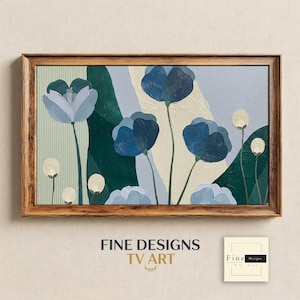 Arte floral azul para TV Samsung con marco, pintura al óleo con textura de empasto, descarga digital, flor azul marino moderna, obra de arte primaveral