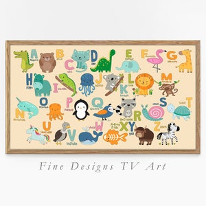 May include: A colorful alphabet chart featuring animals from A to Z. Each letter is paired with a cute animal illustration, such as a alligator, bear, cat, dinosaur, elephant, flamingo, giraffe, hippo, iguana, jellyfish, koala, lion, monkey, narwhal, octopus, penguin, quail, raccoon, snail, turtle, unicorn, vulture, whale, x-ray fish, yak, and zebra.