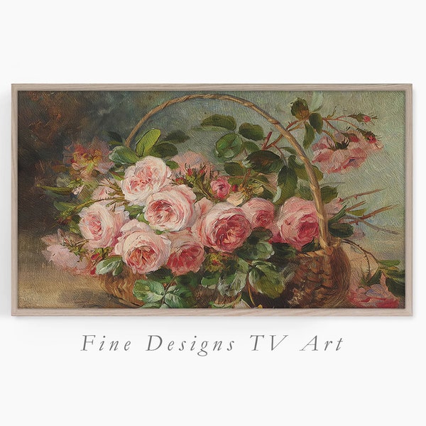 Samsung Frame TV Floral Art, Roses In A Basket, Vintage Style Flower Painting, Textured TV Art, Digital Download