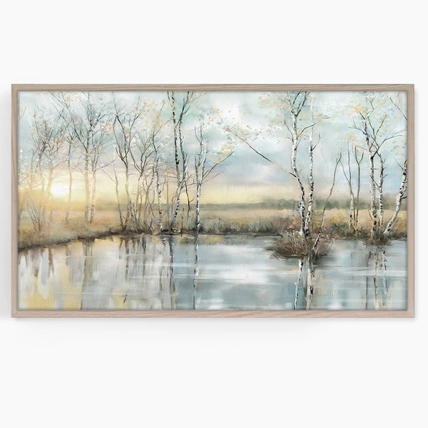 Samsung Frame TV Art, Stunning Sunrise by the Lake, Birch Trees, Light Haze, Landscape Painting, Morning Mood, Digital Download