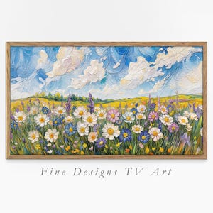 Samsung Frame TV Art, lebendiges pastoses Blumenfeld, impressionistische Malerei, Frühlingsnaturszene, bunte Wildblumen, digitaler Download