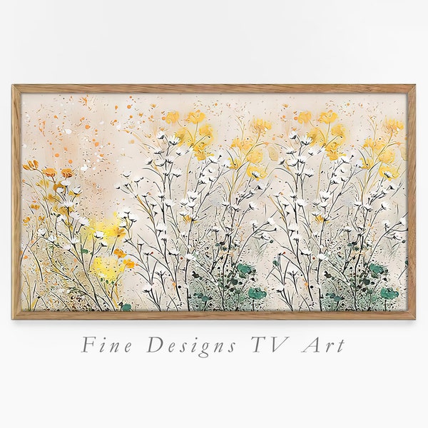 Samsung Frame TV Floral Art, Ultra Fine Detailed Flowers Painting, Abstract White and Yellow Floral on Beige Background, Digital Download