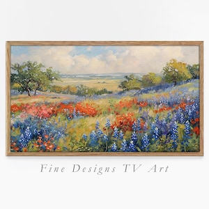 Samsung Frame TV Art, impressionistische Wildblumenwiese, lebhafte Bluebonnets und rote Mohnblumen, Landschaftsmalerei, Frühling, digitaler Download