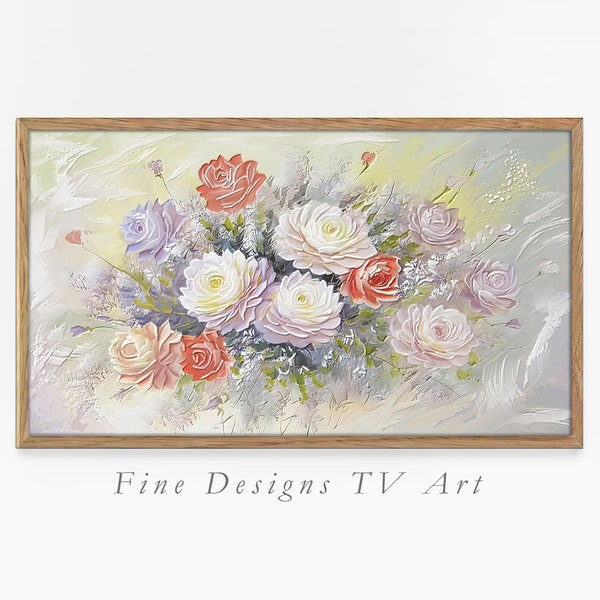 Samsung Frame TV Floral Art, Hand Painted Roses, Pastel Blooms, Thick Paint Texture, Oil Painting, Frame TV Spring, Digital Download