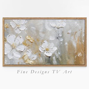 Samsung Frame TV Art, White Abstract Flowers, Embossed Floral Art with Gold Accents, Modern 3D Painting for Frame TV, Digital Download