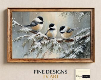 Winter Chickadees Samsung Frame TV Art, Snowy Birds Painting (Digital Download)
