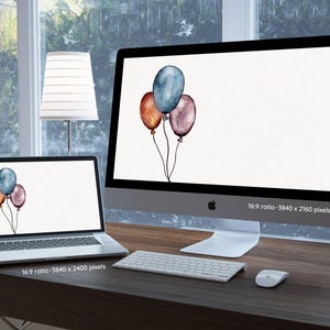 Puede incluir: Un fondo de escritorio digital con tres globos de acuarela en tonos azules, rojos y morados. Los globos están atados con cuerdas y flotan en el aire.