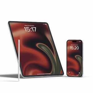 May include: A white tablet computer with a black screen displaying the time 15:17. A white stylus is standing upright next to the tablet. A white smartphone with a black screen displaying the time 15:20 is sitting on a white surface.