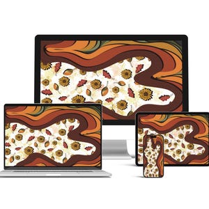 May include: A digital wallpaper design displayed on a computer monitor, laptop, tablet, and smartphone. The design features a repeating pattern of sunflowers, leaves, and acorns on a cream background, framed by wavy brown and orange shapes.