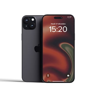 May include: A black smartphone with a dark gray back and a black front. The screen displays a red and green abstract background with the time "15:20" and the date "Mardi 19 décembre".