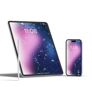 Könnte beinhalten: Ein weißes Tablet-Computer mit schwarzem Rahmen und einem rosa und blauen Galaxie-Hintergrund. Die Uhrzeit 11:08 wird auf dem Bildschirm angezeigt. Ein weißer Stift liegt neben dem Tablet. Ein weißes Smartphone mit schwarzem Rahmen und dem gleichen Galaxie-Hintergrund wird neben dem Tablet angezeigt. Die Uhrzeit 11:05 wird auf dem Bildschirm angezeigt.