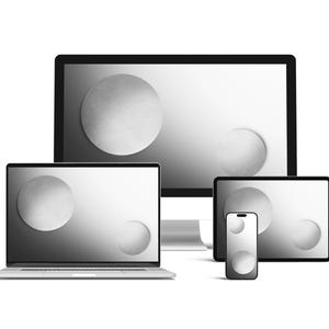 May include: A digital mockup featuring a desktop computer, laptop, tablet, and smartphone. Each device displays a grayscale abstract design with two overlapping circles. The devices are arranged against a white background.