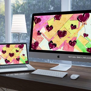 Colorful Valentines Day Love background Mac Book PC Wallpaper Digital Watercolor Fantasy Abstract Hearts Laptop Wallpaper, Instant Download