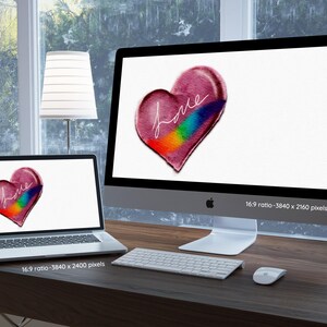 Valentines Heart Watercolor Mac Wallpaper PC Background Laptop Screensaver, Downloadable Digital Pink Valentines iMac Wallpaper