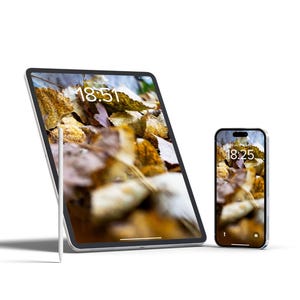 May include: A silver tablet and smartphone, both displaying a nature-themed wallpaper with a time stamp. The tablet is propped up with a stylus, and the smartphone is standing upright. The background is white.