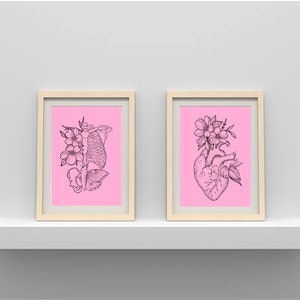Pair of A4 digital prints moth skeleton and anatomical heart pink
