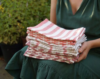 100% Linen kitchen towel in stripes - washed linen - tea towel - dish towel- white/red/beige
