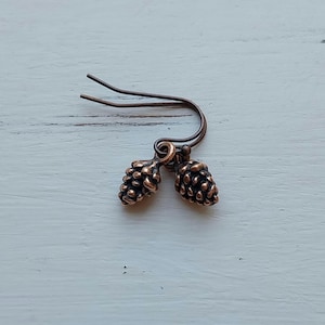 Könnte beinhalten: Kupferfarbene Ohrringe mit einem Tannenzapfen-Design. Die Ohrringe haben einen Hakenverschluss und sind vor einem weißen, strukturierten Hintergrund platziert. Die Tannenzapfen weisen strukturierte Oberflächen auf.