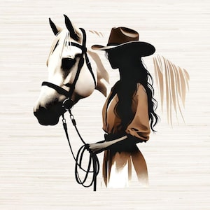 Op de afbeelding: Een digitale illustratie van een vrouw met een cowboyhoed en een bruine jurk die naast een wit paard staat. De vrouw houdt de teugels van het paard vast. De afbeelding is geplaatst tegen een achtergrond van houtnerf. PNG- en JPG-bestanden. 300 DPI Hoge resolutie.
