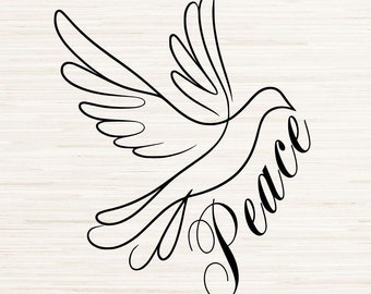 Minimalist Dove with Peace Text Line Art Svg Dxf Png Instant Digital Download, Laser Engraving Image, Sublimation, Christmas Drawing Clipart