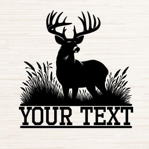 May include: Black silhouette of a deer with large antlers standing in tall grass. The deer is facing forward with its head slightly tilted up. The text "YOUR TEXT" is below the deer in a black rectangle.