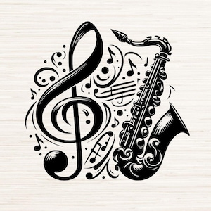 Op de afbeelding: Zwart-witte illustratie van een saxofoon en een solsleutel met muzieknoten en krulletjes. SVG, PNG, DXF, JPG, PDF.