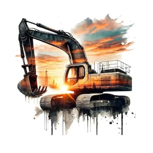 May include: A watercolour illustration of a black excavator with a sunset background. The excavator is on a dirt road and has a large bucket. The text "PNG and JPG files. 300 DPI High resolution." is at the bottom of the image.