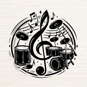Könnte beinhalten: Schwarz-weiß-Illustration eines Schlagzeugs mit einem Violinschlüssel und Noten in einem Kreis.  SVG, PNG, DXF, JPG, PDF