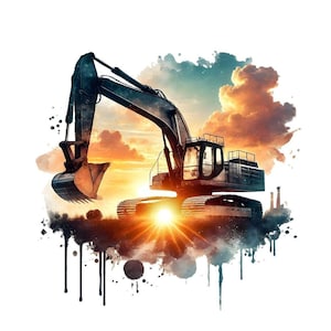 以下が含まれることがあります： 水彩画の夕焼けを背景にシルエットになった黒いショベルカー。ショベルカーはバケットで掘っています。PNGとJPGファイル。300 DPI高解像度