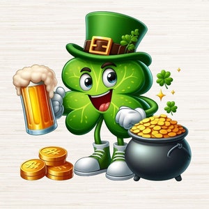 4 Leaf Clover Clipart PNG JPG, Design de logotipo de camiseta do dia de São Patrício, Decoração de festa Luck of the Irish, Download digital instantâneo, 300 DPI