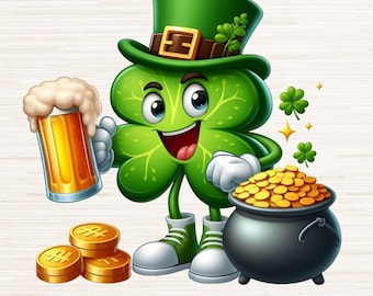 Trébol de 4 hojas, diseño gráfico de logotipo de camiseta del día de San Patricio, decoración de fiesta de la suerte de los irlandeses, descarga digital instantánea, 300 DPI