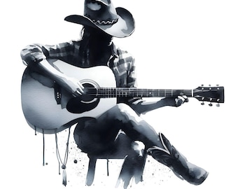 Vaquera de acuarela tocando la guitarra, clipart PNG JPG, descarga digital, diseño de logotipo de camiseta musical, gráfico de músico, imagen de alta calidad 300 DPI